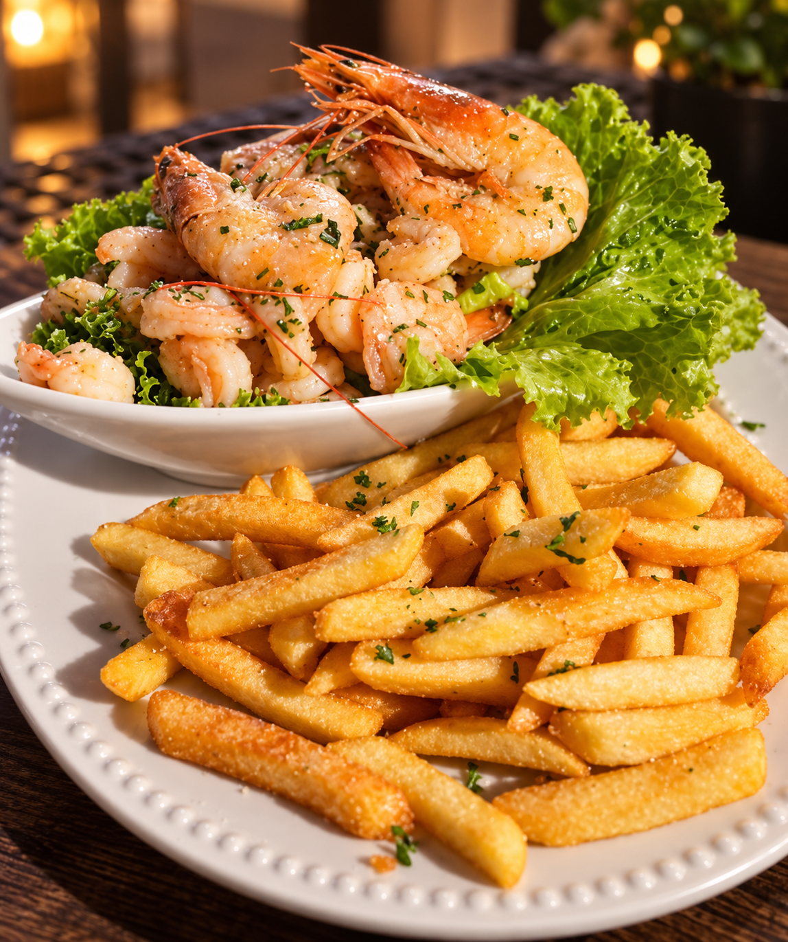 Camarones al Ajillo con Papas Fritas