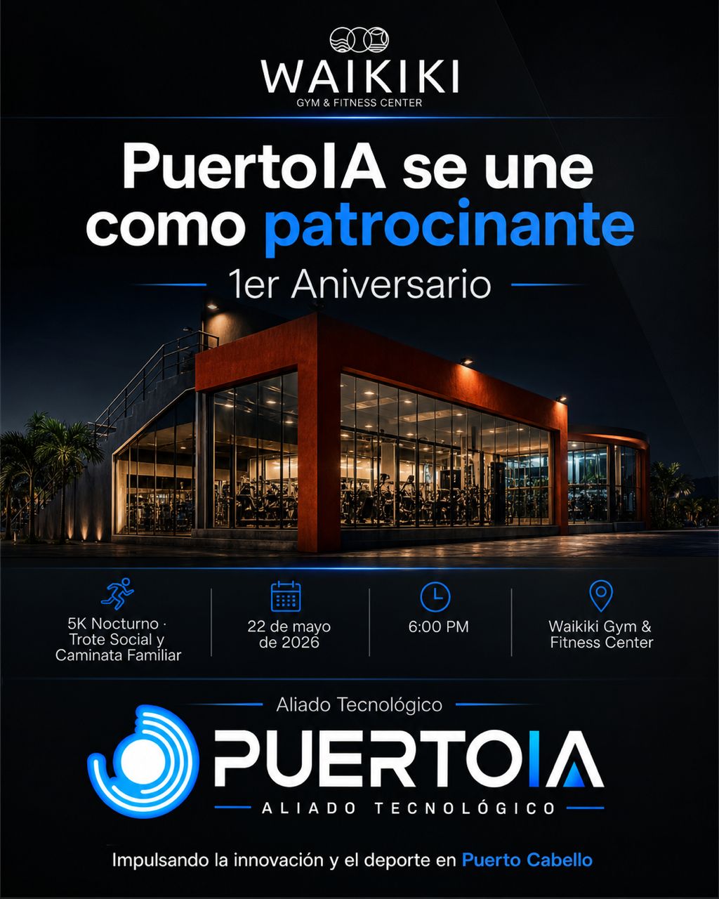 PuertoIA se une como patrocinante del 5K Nocturno de Waikiki Gym en Puerto Cabello